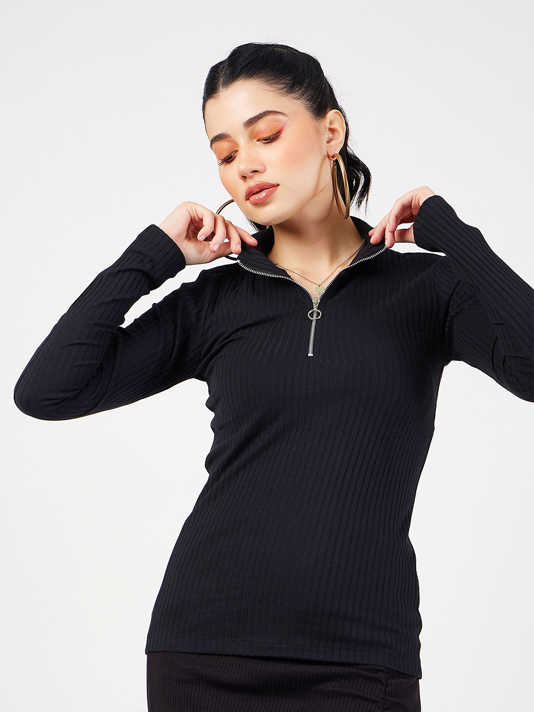 Buy Sassafras Black Ribbed High Neck Fitted Top Tops For Women Buy Sassafras Black Ribbed High Neck Fitted Top Tops For Women