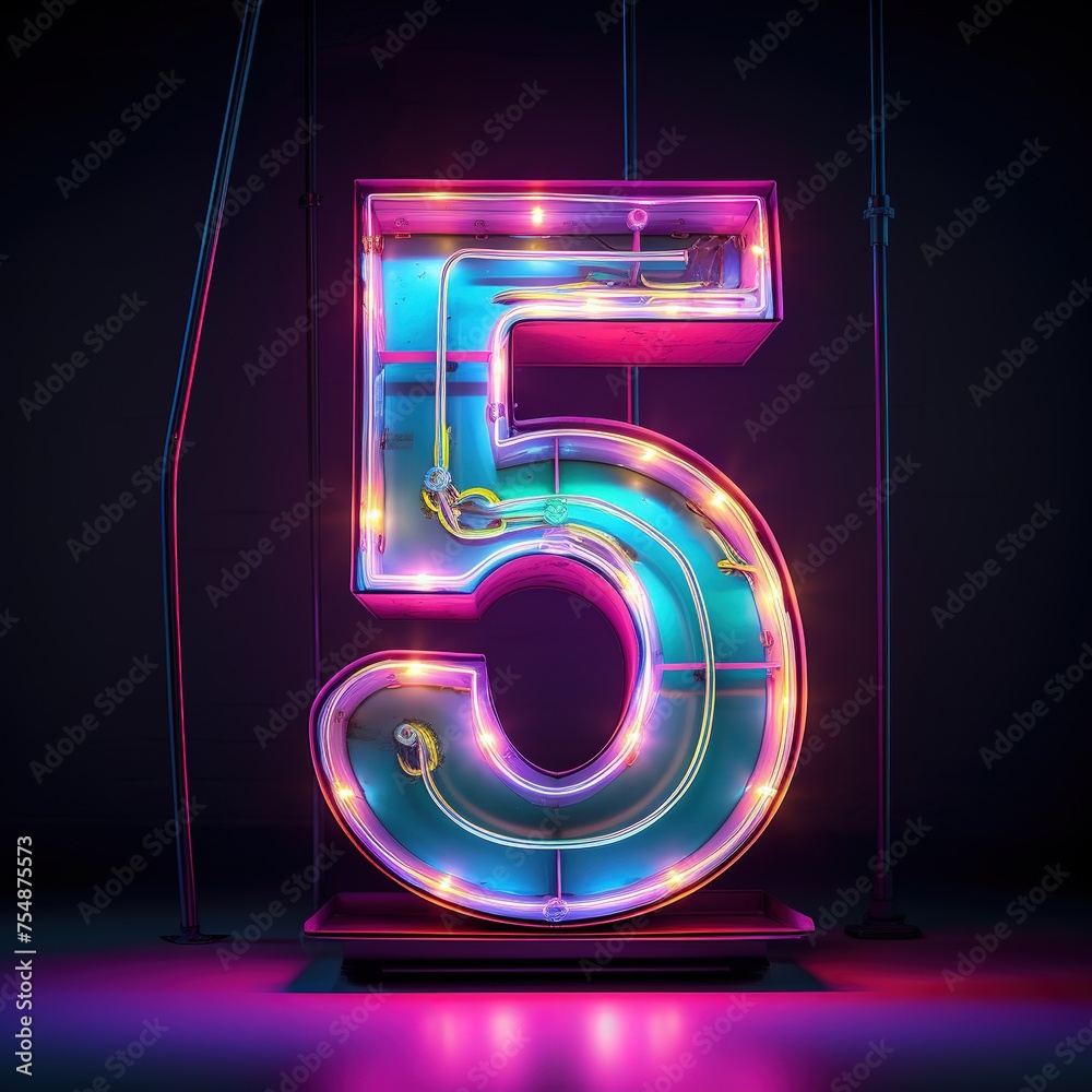 Number 5 Five Futuristic Neon Font Digital Glowing Symbol Logo On
